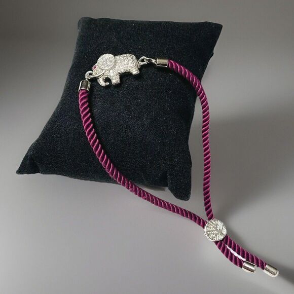 Pavé CZ Elephant Bracelet Red Eye Rhodium Plated Silvertone Adjustable Red Cord - Picture 10 of 16